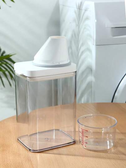 1 pieza Contenedor de almacenamiento multifuncional de plástico transparente y a prueba de fugas para detergente de lavandería, con tapa, taza medidora y caja de almacenamiento de botellas de viaje, para dormitorio, campamento, viaje y uso doméstico