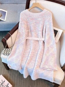 Franclia 女士秋冬新款高端大气宽松显瘦休闲法式优雅百搭气质设计感温柔约会长袖毛衣裙（图案随机） - 彩色 - 查看 2