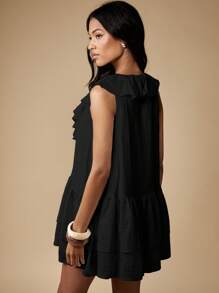 MISSGUIDED Ruffle Neckline Mini Dress With Tiered Skirt V Neck Cheesecloth Summer Beach Holiday Casual Daytime Patio Sundress - Black - View 2
