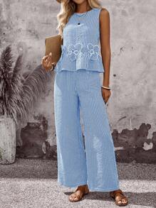 Sylviya 女士两件套夏季服装，适合度假穿着，包括外出上衣、度假套装、格纹夏季套装、沙滩装、夏季裤装、沙滩两件套等。 - 藍色 - 查看 8