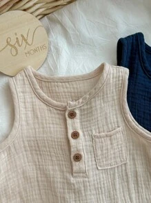 2pcs Newborn Baby Boys' Solid Color Sleeveless Romper With Half Button Placket, Round Neckline