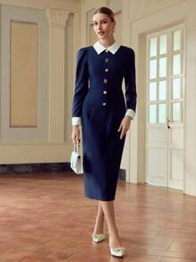 ZEYLAH 女士金属装饰撞色领泡泡袖优雅中长连衣裙 - 藏蓝色 - 查看 4