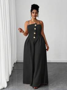 Maweii 大码夏季时尚前扣连体裤 - 黑色 - 查看 7