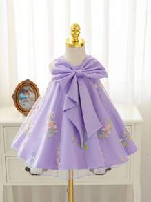 Glamorique Kids Purple Floral Summer Elegant Wedding Guest Girls Sleeveless Satin Princess Dress,Birthday Party Gown With Bow Decor & Embroidered Hem For Recital - Purple - View 4