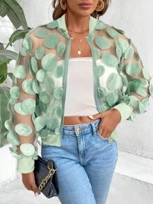 EMERY ROSE Solid Color 3D Mesh Sheer Long Sleeve Bomber Jacket Casual Outfits Spring Clothes For University Fall Winter Cloth For Women