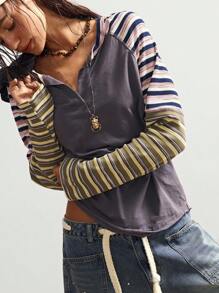 Bohemela 秋冬波西米亚风休闲针织拼布条纹V领长袖宽松女式T恤 - 深灰色 - 查看 2