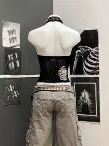 StreetHx 女士街头风纯黑色镂空钩针无袖针织上衣 - 黑色 - 查看 2