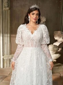 Aureia Plus Size White Spring Elegant Wedding Dress,Gorgeous Sequin Embroidery Mesh Satin V-Neck See-Through Long Sleeves Pleated Oversized Skirt For Dinner - White - View 5