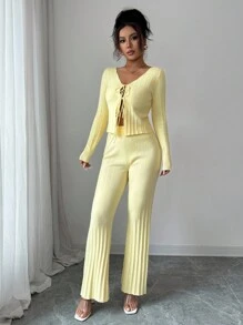 Elenzga 2pcs Set Elegant Commuter Solid Color Tie-Up Cardigan & Knit Pants Yellow Two Piece Set Ribbed Two Piece Set Two Piece Sets For Women Butter Yellow Two Piece Set Tie Front Two Piece Set Fall Winter Cloth For Women