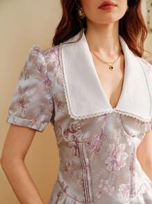 SHEIN Clasi Sexy Deep V-Neck Puff Sleeve White Bowknot Waist Slim Fit Mini Dress - Pink - View 5