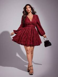 Váy mùa hè tay dài bó sát vai chéo gợi cảm cỡ lớn - Màu Đỏ Sâu - Xem 5