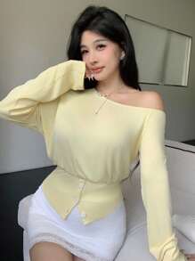 SHEIN LUNE New Casual Slouchy Asymmetrical Shoulder Long Sleeve T-Shirt Fall Cloth For Women - Yellow - View 4