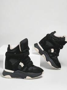 Solezae 全新时尚 Super Maranto 三重黑色高帮魔术贴系带绗缝加厚鞋领隐形坡跟女式运动鞋 - 黑色 - 查看 2