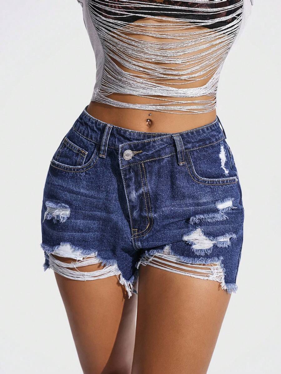 SHEIN ICON Casual Fashion Versatile Sexy Fitted Button Fly Women Denim Shorts - Medium Wash - View 1