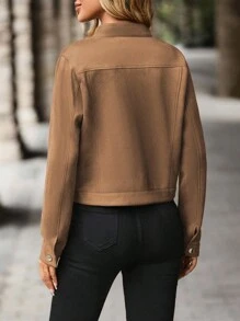 EMERY ROSE Flap Detail Button Front Suedette Crop Jacket Fall Winter Cloth For Women - Brown - View 2