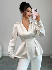 Elenzga 女士优雅时尚V领交叉系带秋季衬衫 - 杏色 - 查看 5