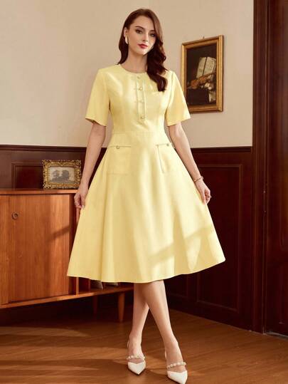 Vintamour Vintage Elegant Women's Dress Pockets Jacquard Contrast Trim Buttons Casual Vacation Dress Back To School Wedding Guest Dress Women Vacation Outfits Woman Fall Women Clothes Teacher Outfits For Women Birthday Dresses For Women Back To School Clothes Dresses For Women Elegant Birthday Outfits For Women Fall Clothes Office Outfits For Women Work Clothes Women Work Outfits For Women Concert Outfits For Women Festival Outfits For Women,Fall Wedding Guest Dress