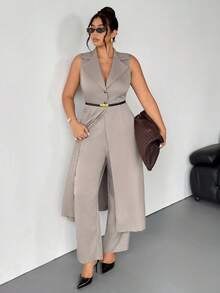 Firerie Plus Size Women Long Sleeveless Blazer Suit In Spring - Khaki - View 7