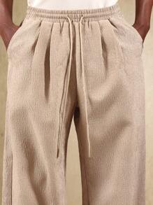 SUMWON Pantalones anchos de pierna con textura de lino, cómodos y de ajuste relajado con cordón, ropa casual de resort, transpirables de fibra natural para verano, primavera y otoño - Albaricoque - Ver 5