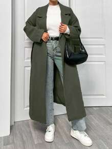EURMUSE Lapel Neck Double Breasted Slant Pocket Waist Belt Tie-Up Woolen Overcoat - Army Green - View 5
