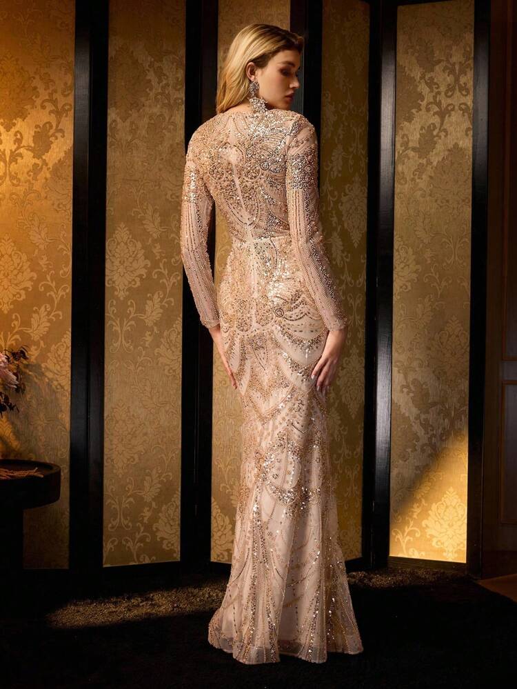 MOTF Soiréza BEADED MERMAID HEM EVENING DRESS WITH FAUX PEARL NECKLINE AND CUT-OUT DETAIL