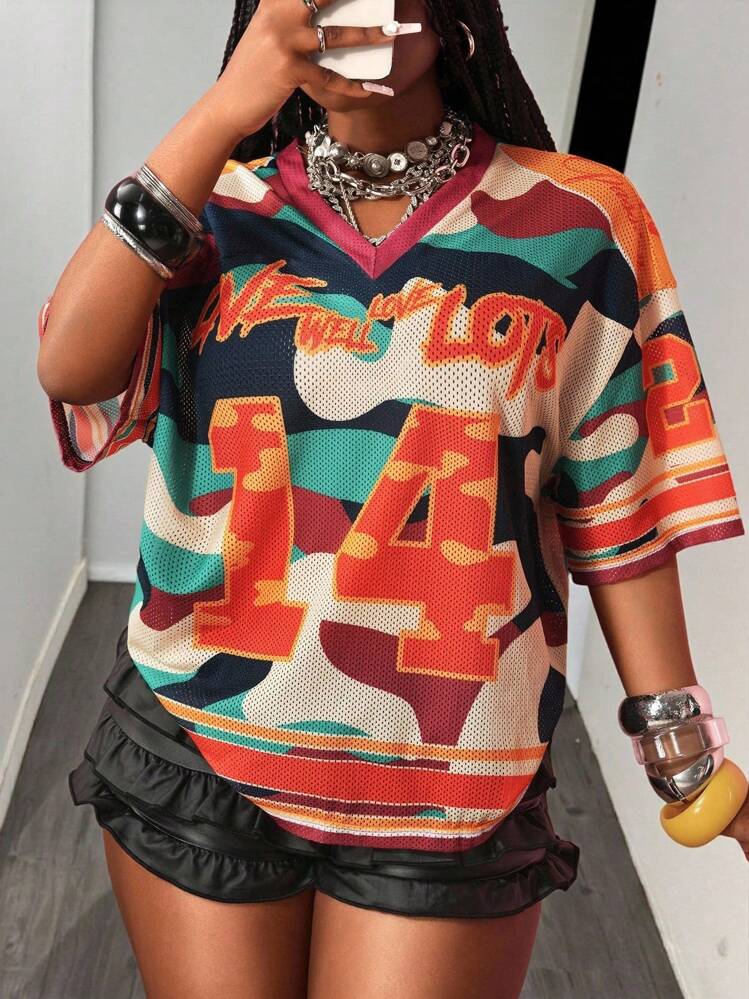 Slaydiva 2025 Summer New Casual Loose V-Neck Colorful Camouflage Print Plus Size Women T-Shirt, Suitable For Music Festivals, Daily Outings, Graduation Parties, Parties, Clubs, Casual Street Style, Mesh Design, Sports Letter Elements Suitable For Going Out Back To School,Holiday Outfits For Women - Multicolor - View 2