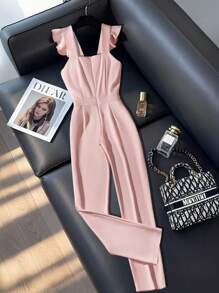 SHEIN Clasi Elegant volanger med fyrkantig krage, ärmlös, passande jumpsuit för kvinnor - Rosa - Visa 2