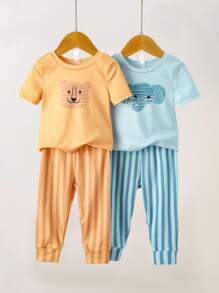 4pcs Toddler Boys' Cartoon Elephant & Tiger Print Short Sleeve Snug Fit Pajamas Set,Blue And Yellow Striped,Summer,Cute,Night Comfortable Homewear - Multicolor - View 2