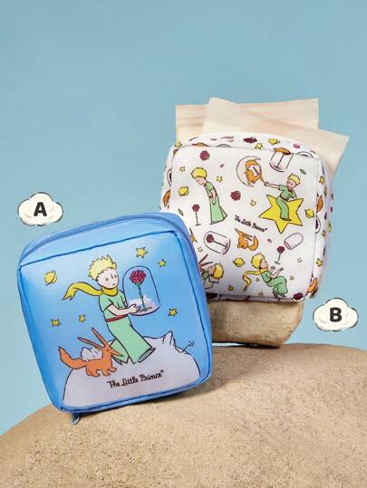 LE PETIT PRINCE X SHEIN 1 件卡通人物印花收纳袋，可用作女性卫生袋、数码配件袋、小物品收纳袋、小王子、B612 星球、玫瑰、爱、月亮和星星