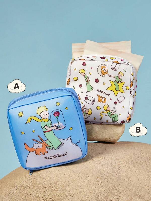 LE PETIT PRINCE X SHEIN 1pc Cartoon Character Printed Storage Bag, Can Be Used As Feminine Hygiene Bag, Digital Accessories Bag, Small Items Organizer Bag, Little Prince, B612 Planet, Rose, Love,Moon & Star