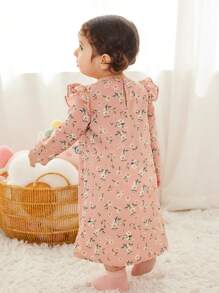 Baby Girl Vintage Floral Pattern Lace Trim Flounce Long Sleeve Cute Loose Casual Woven Home Nightdress - Pink - View 2