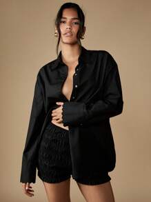 MISSGUIDED 超大扇贝领扣式长袖衬衫休闲办公室装修身专业工作服秋冬扣式衬衫 - 黑色 - 查看 5