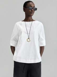 Ontre 2025 New Arrival Women Autumn/Fall Apparel, 2000s Retro Countryside Style Office Lady Casual Business Blouse, Summer Solid Crew Neck Raglan Sleeve Blouse - White - View 1