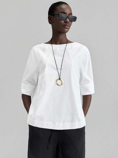 Ontre 2025 New Arrival Women Autumn/Fall Apparel, 2000s Retro Countryside Style Office Lady Casual Business Blouse, Summer Solid Crew Neck Raglan Sleeve Blouse