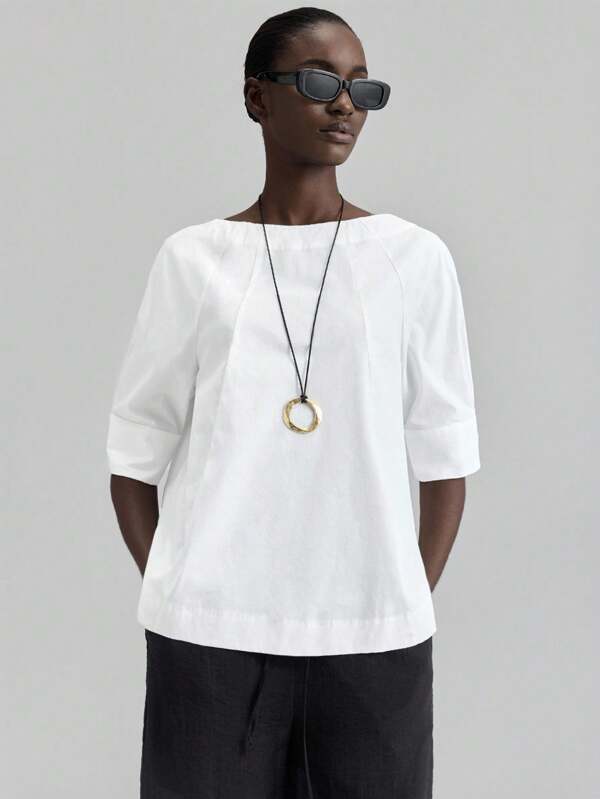 Ontre Nuevo Llegada 2025 Ropa de Mujer Otoño/Otoño, Blusa de Estilo Retro Campestre de Oficina Casual de Negocios de los 2000, Blusa de Manga Raglán de Cuello Redondo Sólida de Verano