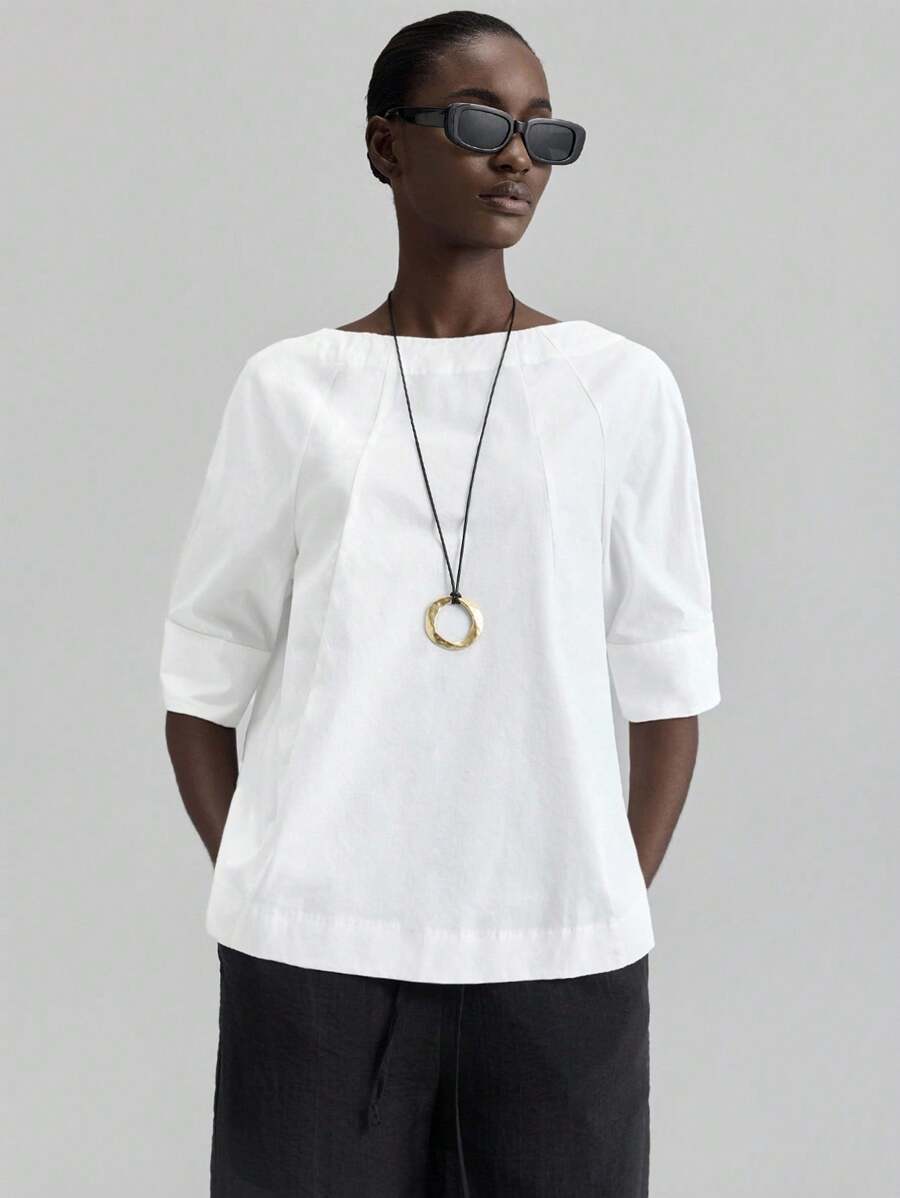 Ontre 2025 New Arrival Women Autumn/Fall Apparel, 2000s Retro Countryside Style Office Lady Casual Business Blouse, Summer Solid Crew Neck Raglan Sleeve Blouse - White - View 1