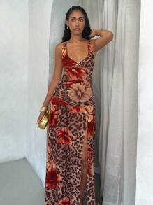 Glamine Leopard Floral Pattern Women Long Dress, Stretchy Jersey Fabric, Sexy Elegant Beach Sundress For Summer Holiday--Floral Pattern Random Fall Women Clothes Back To School Halloween, Christmas