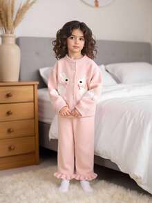 SHEIN Vintaside Kids 休闲可爱的粉色连衣裙，饰有兔子图案和蝴蝶结。两件套包括针织开衫和针织阔腿裤。柔软舒适，适合日常、户外活动、旅行、度假、居家、幼儿园等场合。也可作为开学服、派对服、秋冬季百搭服装、春冬季服装、节日女童装。 - 粉色 - 查看 5