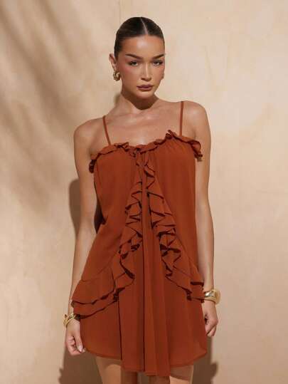 Hauture 性感夏日波西米亚风度假荷叶边吊带迷你连衣裙