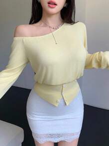 SHEIN LUNE New Casual Slouchy Asymmetrical Shoulder Long Sleeve T-Shirt Fall Cloth For Women - Yellow - View 3