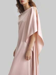 Ontre 女式新款优雅斗篷斗篷船领粉色缎面喇叭裙连衣裙，春夏