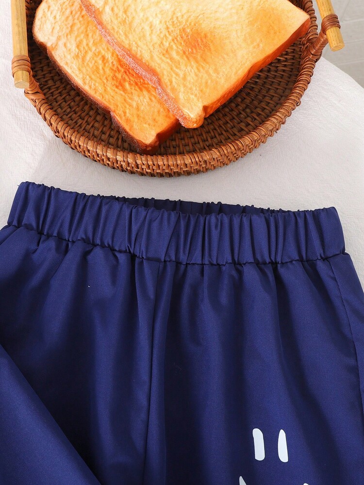 Young Boy Casual Cartoon Pattern Zip-Up Hoodie And Pants Set - Navy Blue - View 4