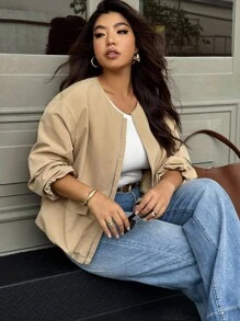 SHEIN LUNE Áo khoác trơn màu thường ngày cỡ lớn - Màu Khaki - Xem 7