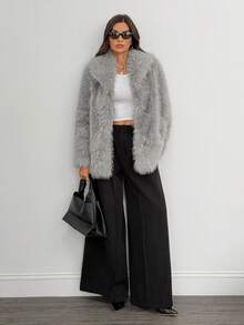 SHEIN Tall Women's Solid Color Faux Fur Jacket, Fashionable For Autumn/Winter Grey Faux Fur Coat