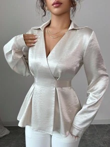 Elenzga 女士优雅时尚V领交叉系带秋季衬衫 - 杏色 - 查看 6