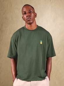 Áo thun oversized thêu chữ thập SUMWON họa tiết hoa và dứa, tay ngắn, phong cách mùa hè thường ngày, họa tiết trái cây nhiệt đới, thời trang đường phố, đi nghỉ mát. - Màu xanh lá cây đậm - Xem 2