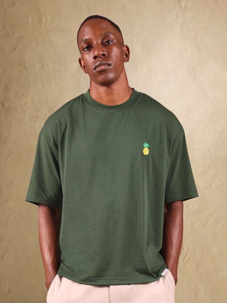 SUMWON Cross Stitch Embroidered Oversized T Shirt Floral Pineapple Print Summer Casual Short Sleeve Tropical Fruit Pattern Streetwear Vacation