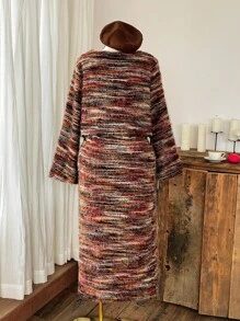 SHEIN EZwear Vintage Boho Style Colorful Striped Knit Spaghetti Strap Maxi Dress And Tie-Up Cardigan Set, Plus Size - Multicolor - View 2
