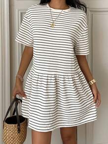 CovetEZ 女式条纹针织宽松娃娃裙，短袖 - 彩色 - 查看 1