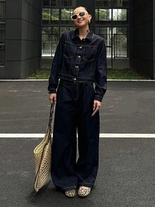 DAZY 女士休闲通勤牛仔夹克和裤子套装秋冬 - 藍色 - 查看 7